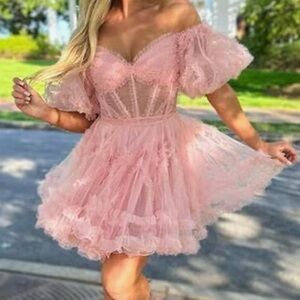 Pink tulle a-line off-shoulder sheer empire short homecoming dress size small